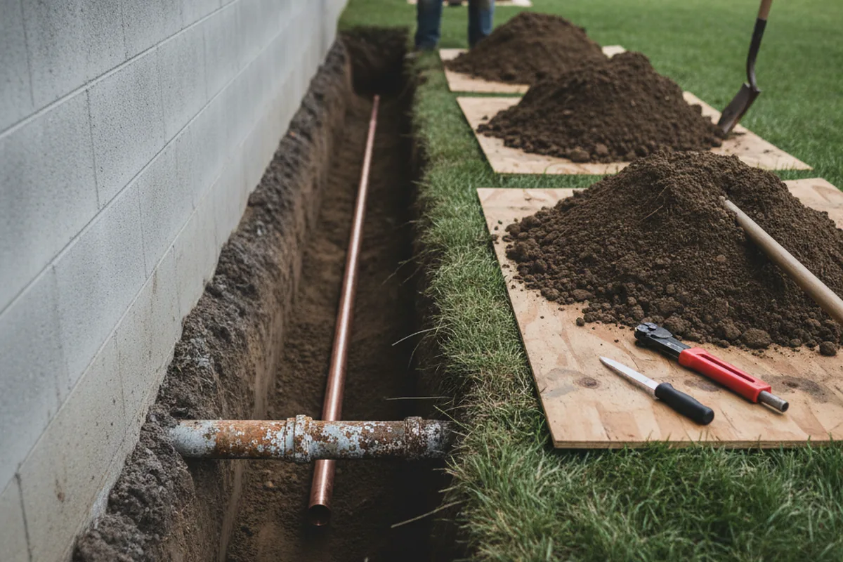 Excavated water line trench during Water Heater Repair in Colonia